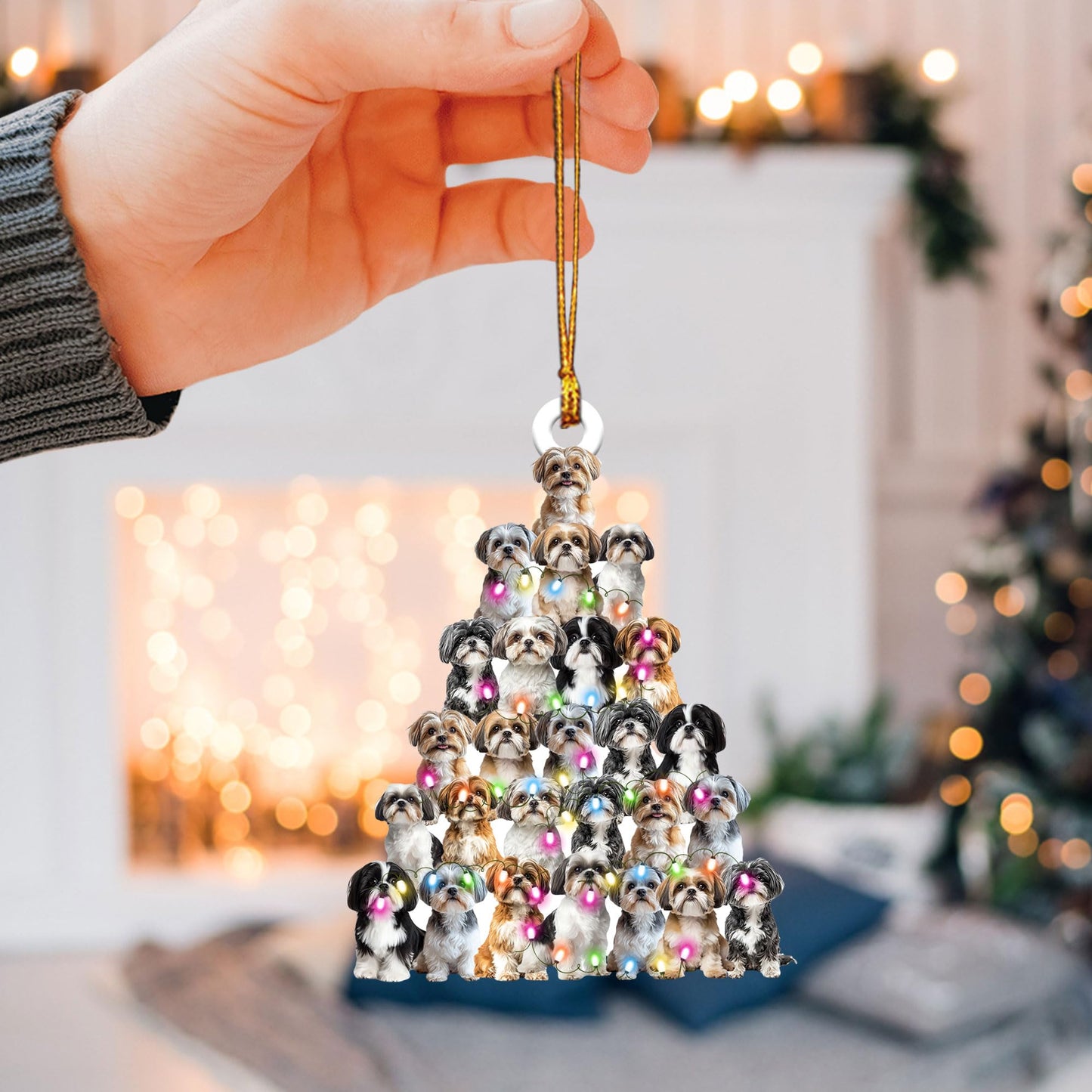 Talataca Lovely Shih Tzu Christmas Pine Tree Shape with String Light 2D Flat Car Rear View Mirror Accessories Christmas Tree Ornament Decoration Hanging Charm Interior Rearview Pendant Decor Gift