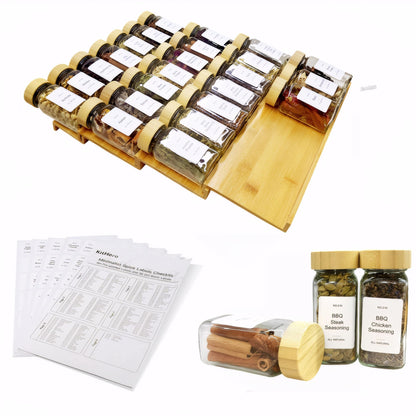 Spice Drawer Organizer with 24 Spice Jars and 216 Labels,Non-slip Rubber, Bamboo 4 Tier Spice Racks Tray Seasoning Containers for Kitchen Drawers,Cabinets,Countertops,13" Wide * 15.8" Deep
