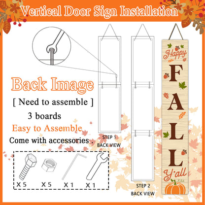 Happy Fall Sign Autumn Front Door Hanging Decor Welcome Sign Wooden Vertical Indoor Outdoor Standing Sign For Garden Home Yard Farmhouse Porch 47.2 x 7.8 Inch