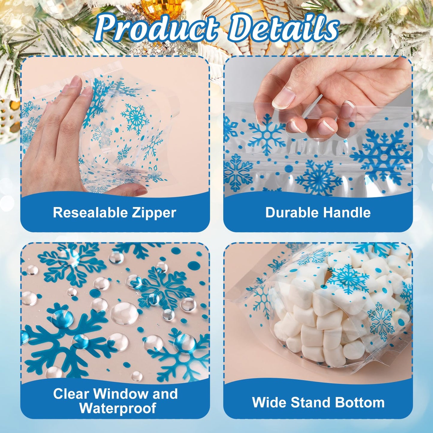 Epakh 100Pcs Christmas Zipper Bags Treat Bag Red Santa Snowflake Clear Christmas Sealing Goodie Bags with Handles Resealable for Winter Holiday Party Candy Cookie Gift Wrapping Supplies(Snowflake)
