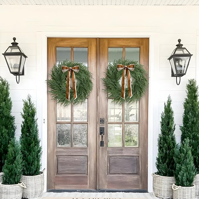Christmas Decorations - 2 Pcs 24 Inch Christmas Wreath, Norfolk Pine Wreath, Christmas Wreaths for Front Door, Christmas Door Wreath with Bow for Outdoor Indoor with Ribbon for Home Table Wall