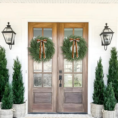 Christmas Decorations - 2 Pcs 24 Inch Christmas Wreath, Norfolk Pine Wreath, Christmas Wreaths for Front Door, Christmas Door Wreath with Bow for Outdoor Indoor with Ribbon for Home Table Wall