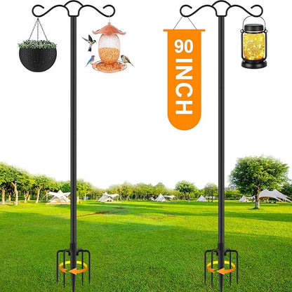 SINLEY Double Shepherds Hook for Outdoor with 5 Prong Base 90 Inch Heavy Duty Two Sided Bird Feeder Pole for Hanging Lantern,Hummingbird Feeder,Lightweight Plant,Shepherds Hook for Bird Feeders