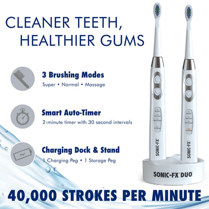Sonic-FX Duo Rechargeable Electric Toothbrush Set - with 14 Brush Heads, 3 Modes, Smart Auto-Timer, Charging Dock Holder - Dual Handle Electric Tooth Brush for Adults & Kids, Black and White