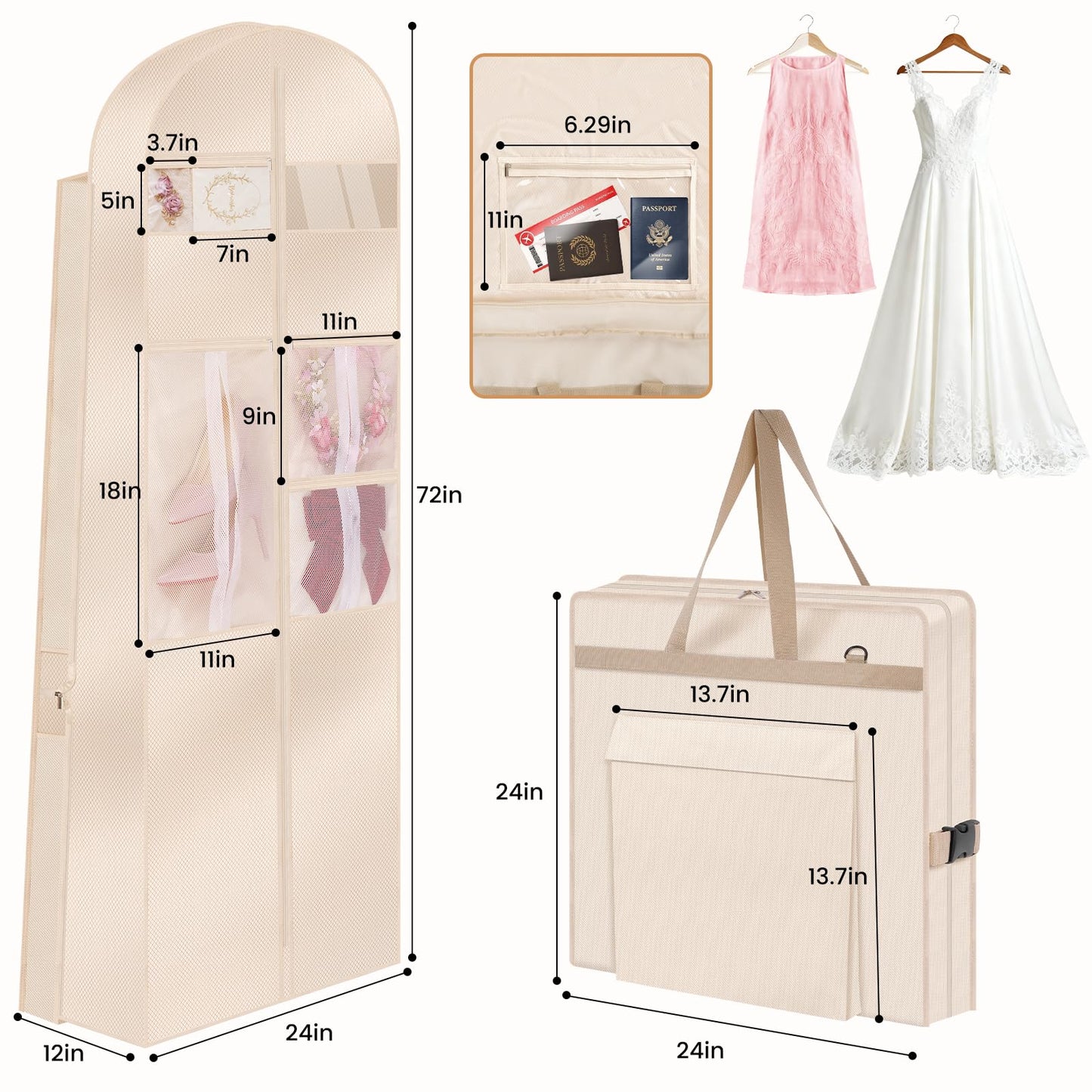 TANGKA Upgraded Version 72" Wedding Dress Garment Bag Dress Bags for Gowns Bridal Dress Travel Bag with 12”Gusseted and Accessory Pockets for Wedding Dress, Puffy Gowns, Equipped with Shoulder Straps