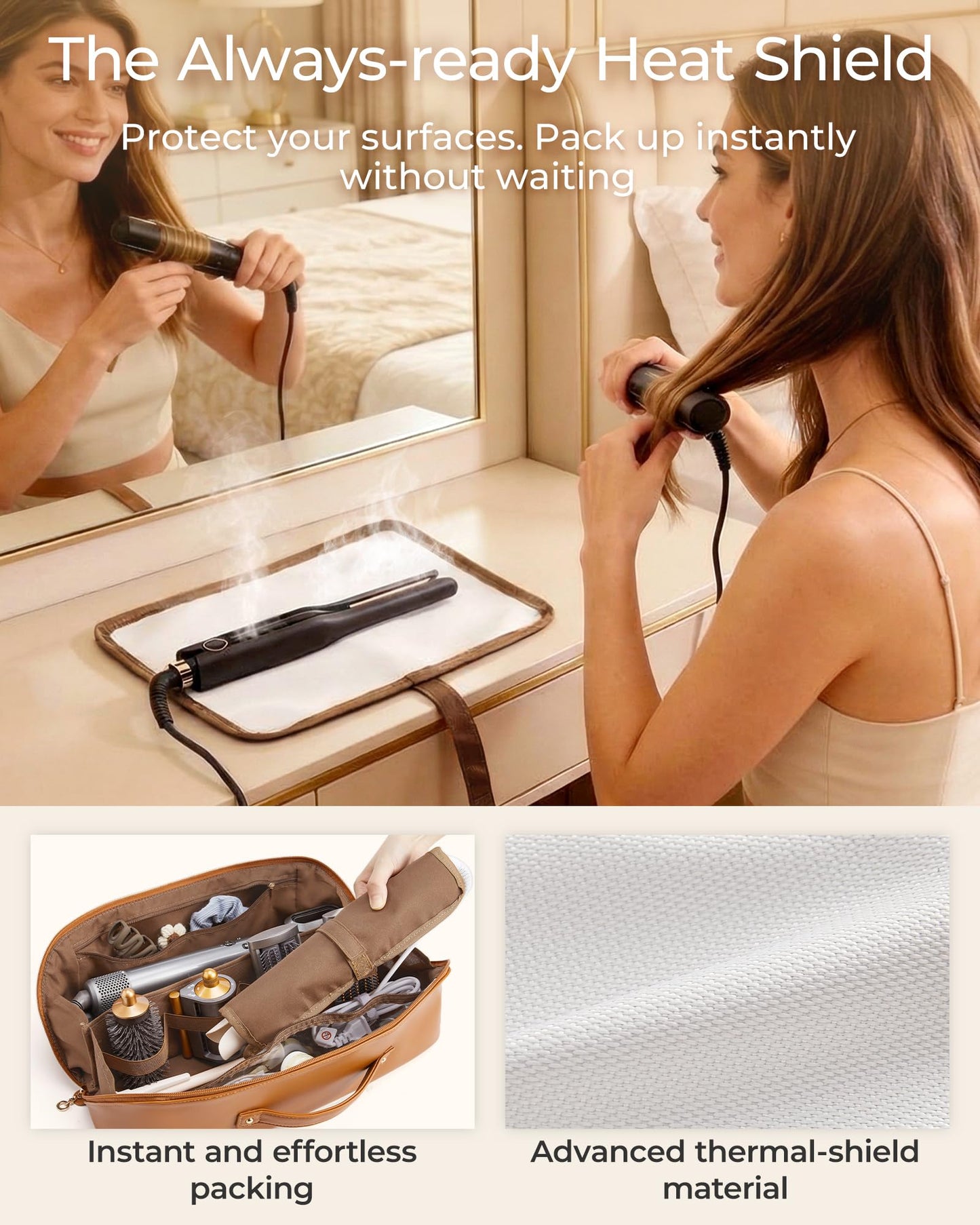 BAGSMART Hair Tool Organizer Travel Bag Compatible with Dyson Airwrap, Shark Hair Dryer, Wide-open Accessories Organizer with Heat Resistant Mat, Makeup Bag for Dyson Attachments, Curling Iron,Leather