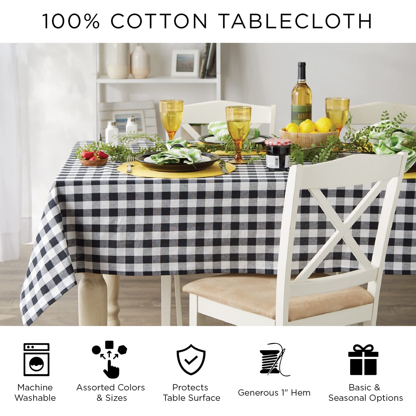 DII Buffalo Check Collection, Classic Farmhouse Tablecloth, Tablecloth, 52x52, Navy & Cream