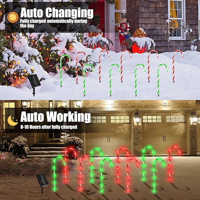 Christmas Decorations, 10 Pcs Christmas Candy Cane Lights, 21'' Solar Pathway Lights with 8 Lighting Modes, Waterproof Garden Lights for Outdoor Christmas Patio Yard Walkway Decorations(2 colors)