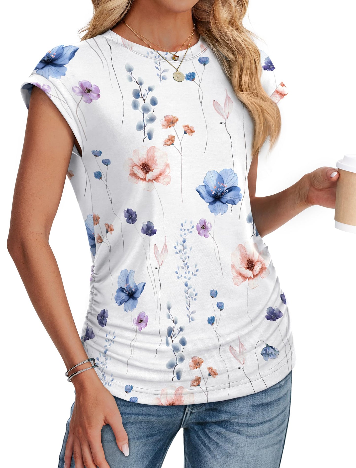 Womens Tops Trendy Summer Outfits 2025 Cap Short Sleeve Blouses Dressy Casual Crew Neck Tshirts Elegant M