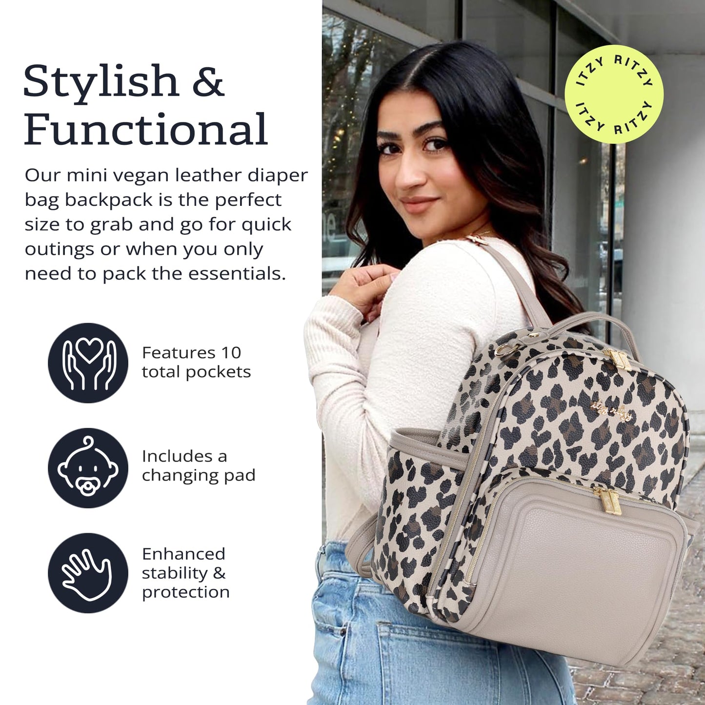 Itzy Ritzy Mini Diaper Bag Backpack – Chic, Compact Mini Plus Backpack with Changing Pad, 10 Pockets (6 Internal, 4 External), Grab-Top Handle & Rubber Feet (Leopard)