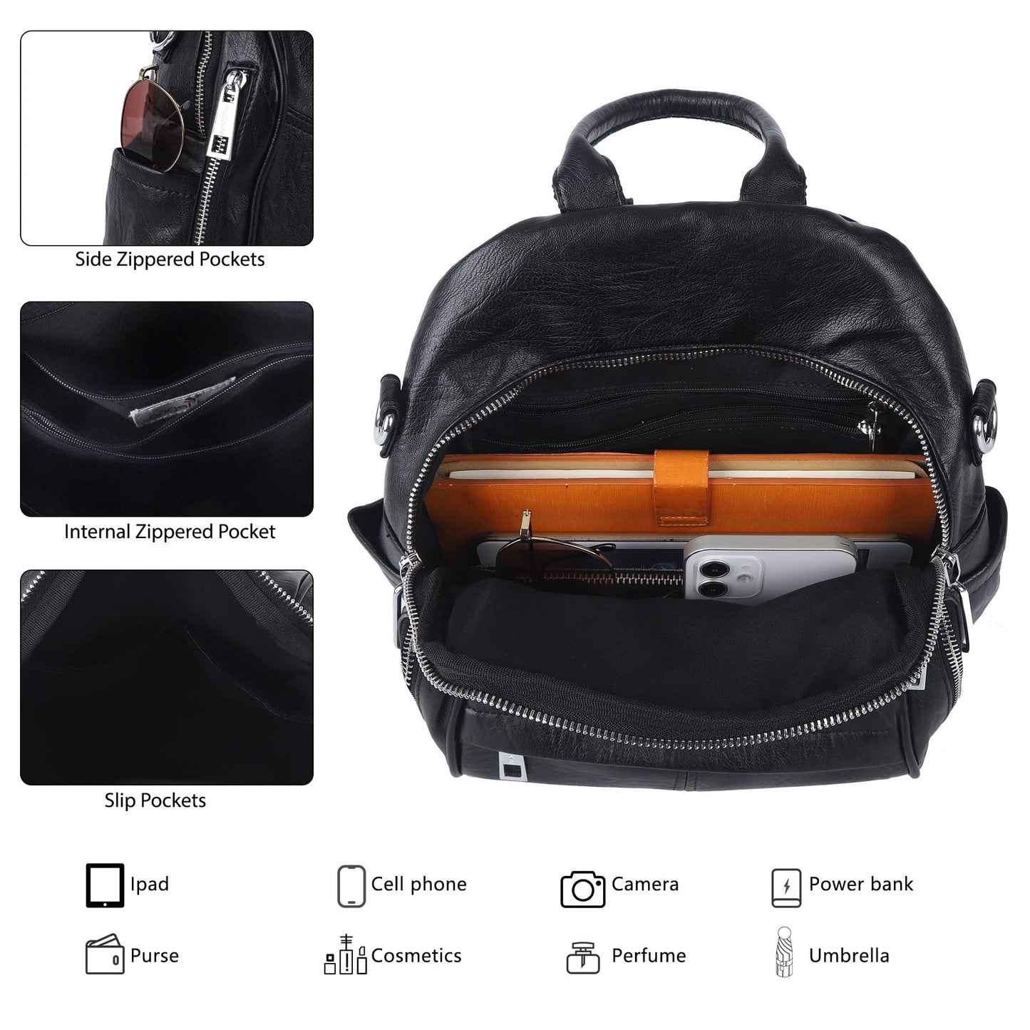 Angel Kiss Small Backpack Purse for Women,Soft Vegan Leather Roomy Backpacks,Designer Ladies Shoulder Backpack Fashion Handbag with Removable Strap,Black