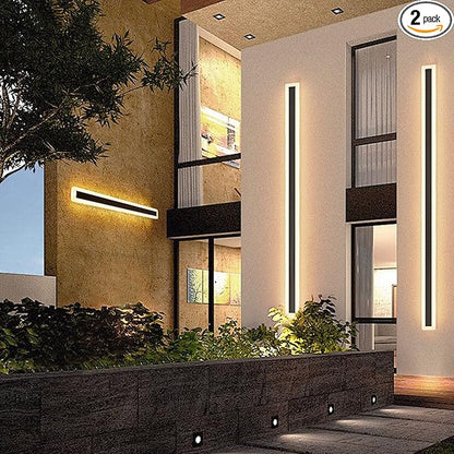 2Pack-79inch Long Outdoor Modern LED Wall Light,65W Waterproof IP65 Warm White 110V led Wall Mount Lighting Fixture Rectangular Black Wall Lights Elegant Frosted White Acrylic Anti Rust.