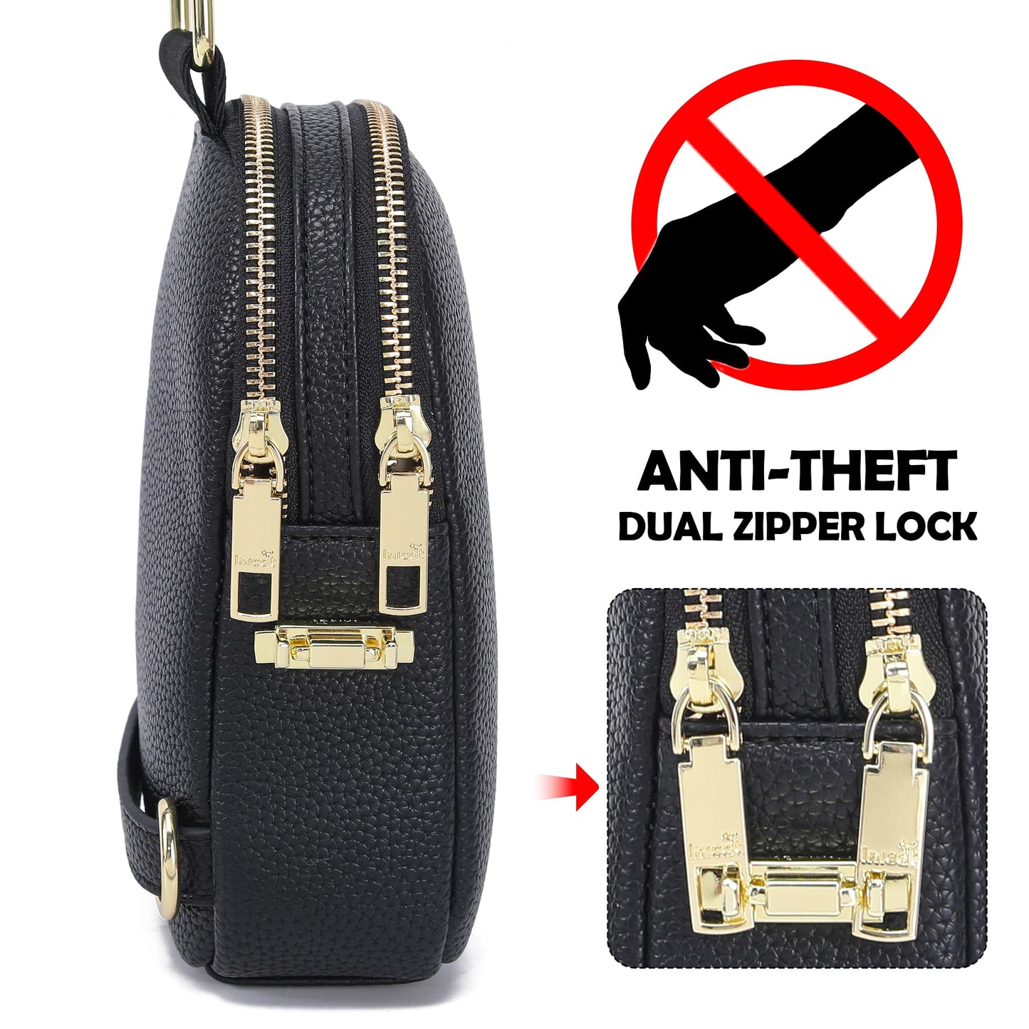 INICAT Anti Theft Crossbody Bag for Women, Small RFID Blocking Sling Purse with Zipper Lock for Travel, Vegan Leather(Black)