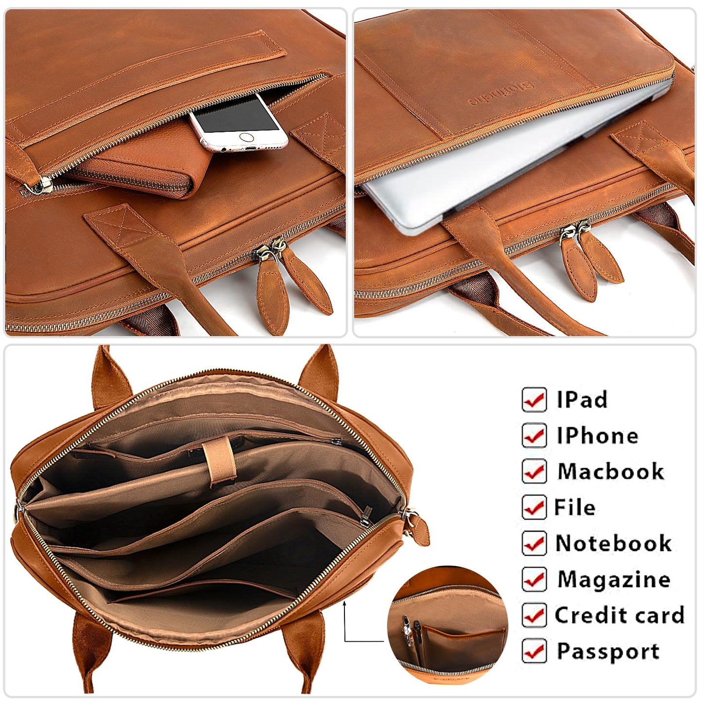 Blofinche Genuine Leather laptop briefcase 15.6 inch Computer Messenger shouledr work handbag Satchel bags Brown