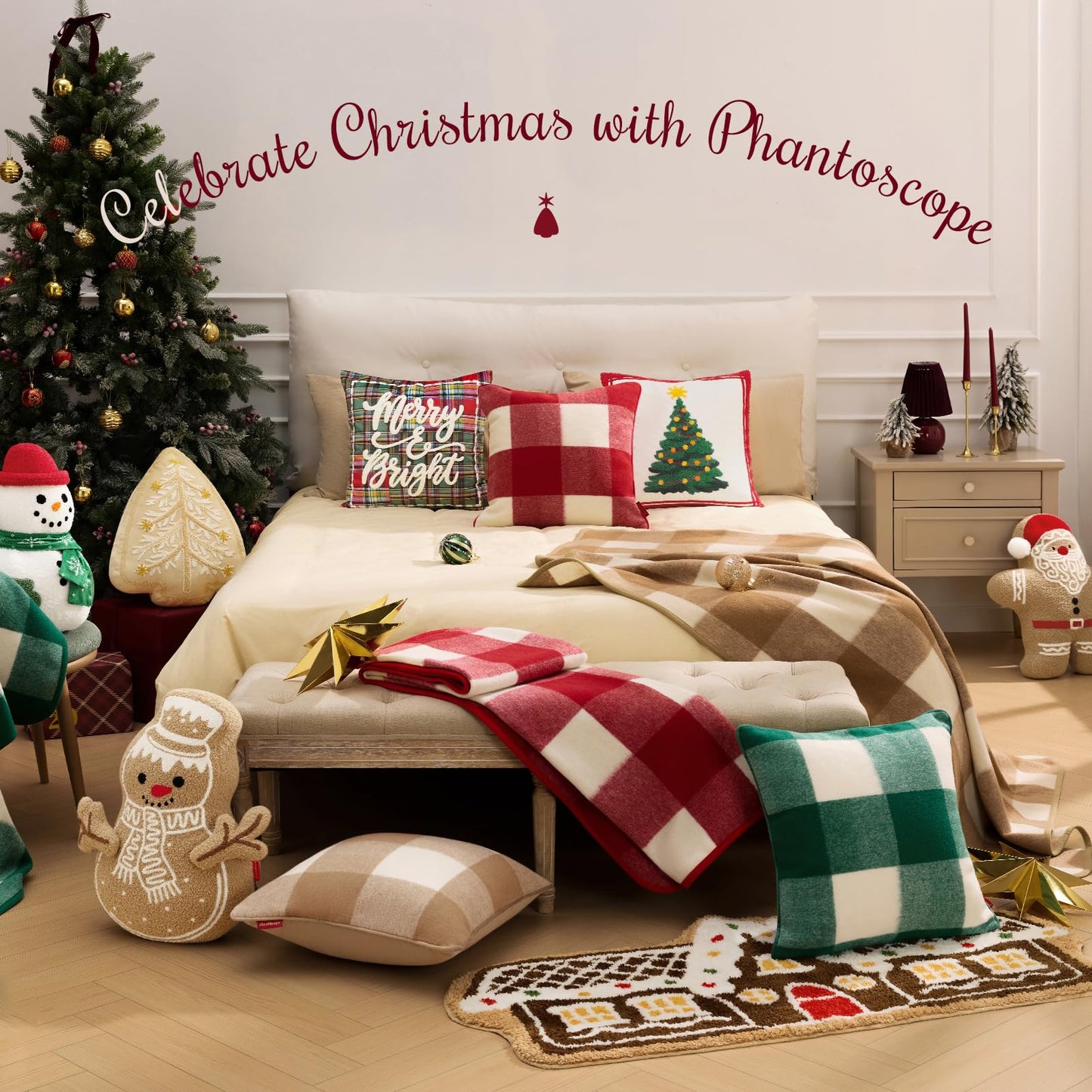 Phantoscope Pack of 2 Christmas Throw Pillow Covers, Premium Faux Wool Buffalo Check Pillow Covers with Locking Edge Xmas Plaid Decorative Pillows for Couch, Red, 18 x 18 inch