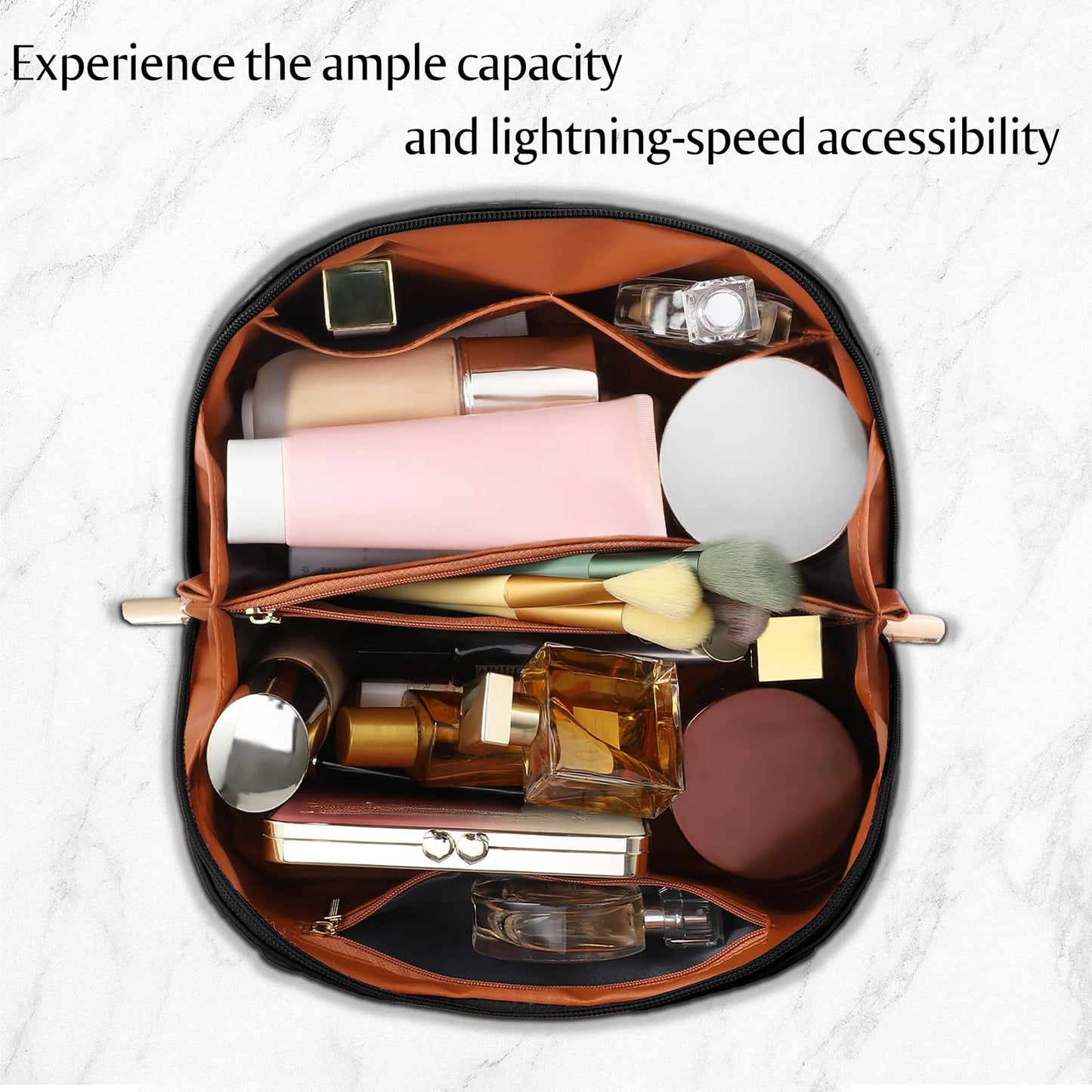 Large Capacity Travel Cosmetic Bag - PU Leather Makeup Organizer Bag Portable Woven Makeup Bags for Women Waterproof Travel Toiletry Bag with Divider Pouch, Black