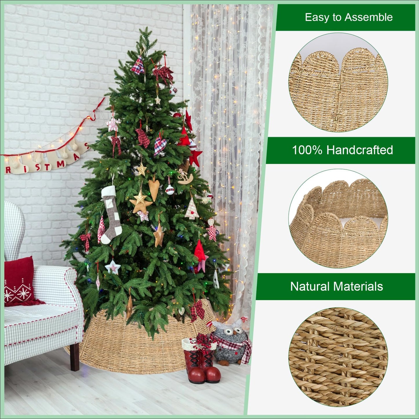 Joyhalo Christmas Tree Collar, 27.5in Wicker Tree Skirt Collar for 7.5 ft Tree, Rustic Handcrafted Woven Tree Collar for Pencil Tree, Xmas Basket Tree Collar, Farmhouse Rattan Tree Base Collar Cover
