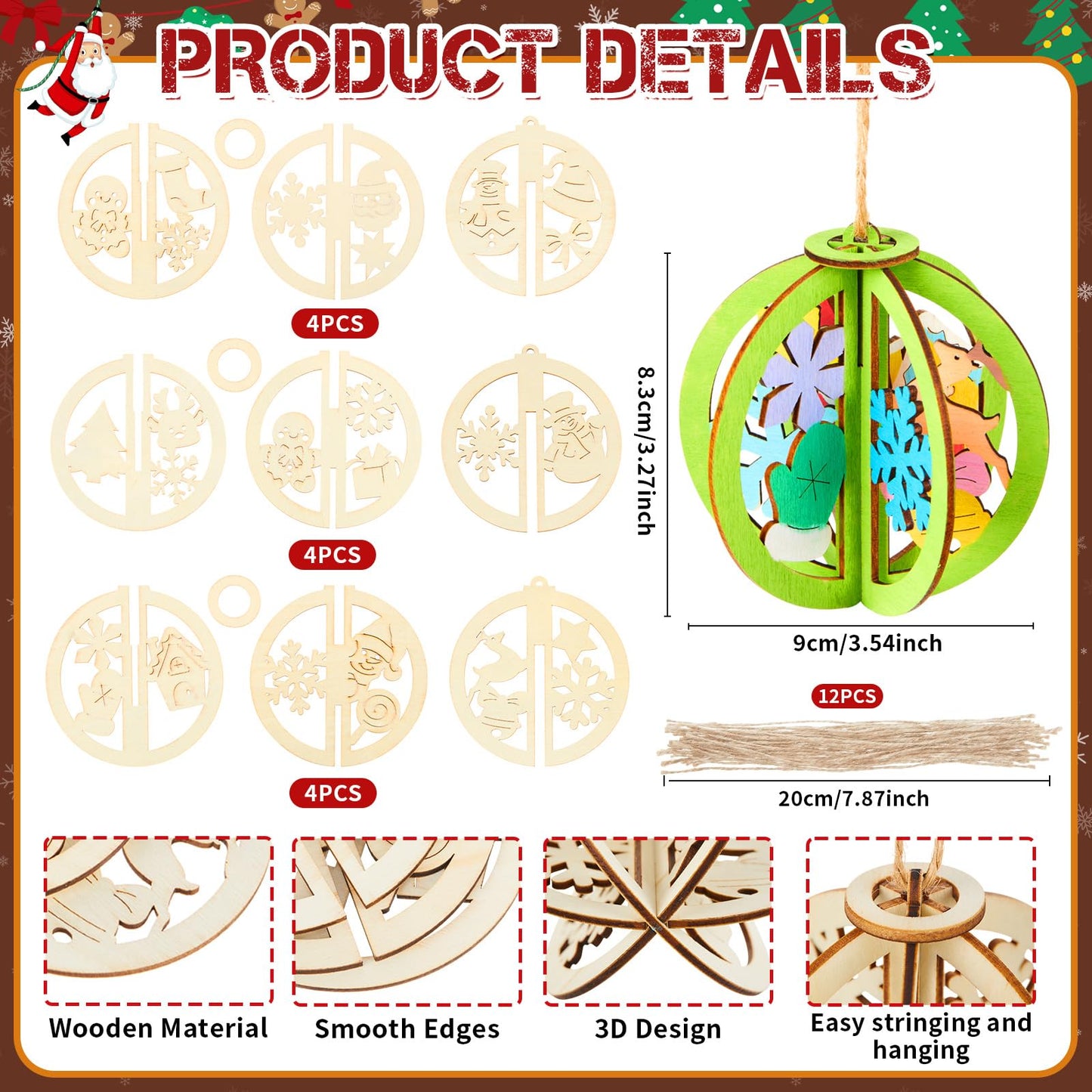 Chunful 36 Pcs DIY Christmas Wood Crafts to Paint 3D Unfinished Wooden Ornaments Christmas Hanging Cutouts Blank Hollow Wood Santa Gingerbread Snowflake Holiday Slice for Xmas Tree Decorations