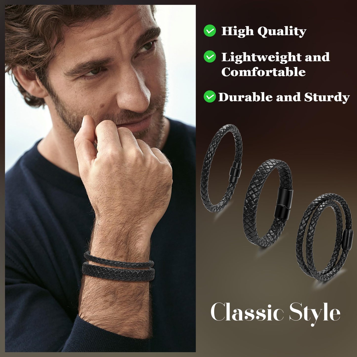 SOMEITIA 3Pcs Genuine Italian Braided Leather for Men Women Leather Wrist Cuff Bracelets Black Brown Stainless Steel Clasp Wrap Wristband Black 7.5 Inch