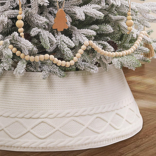 Teeanzo Christmas Tree Collar Skirt,Knitted Cream White Diamond Edge Cable Stand Farmhouse Rustic Tree Ring for Artificial Christmas Tree Base Cover Holiday Home Party Decoration