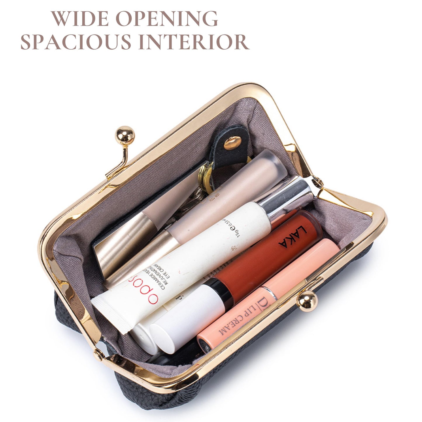 EutDett Lipstick Case with Mirror, Genuine Leather small makup bag for Purse - Kiss Lock Cosmetic Bag Portable Mini Makeup Pouch for Women, Small Travel Makeup Organizer (Brown)