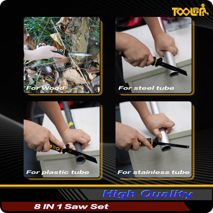 TOOLAN: 8-In-1 Multi Blades Hand Saw, Drywall Cutter. Hacksaw. Long Blade Hand Saw, Jab Saw, For Cutting Drywall, Sheetrock, Wood, Metel, Plastic, Plywood. Blade Quick Change Mechanism.