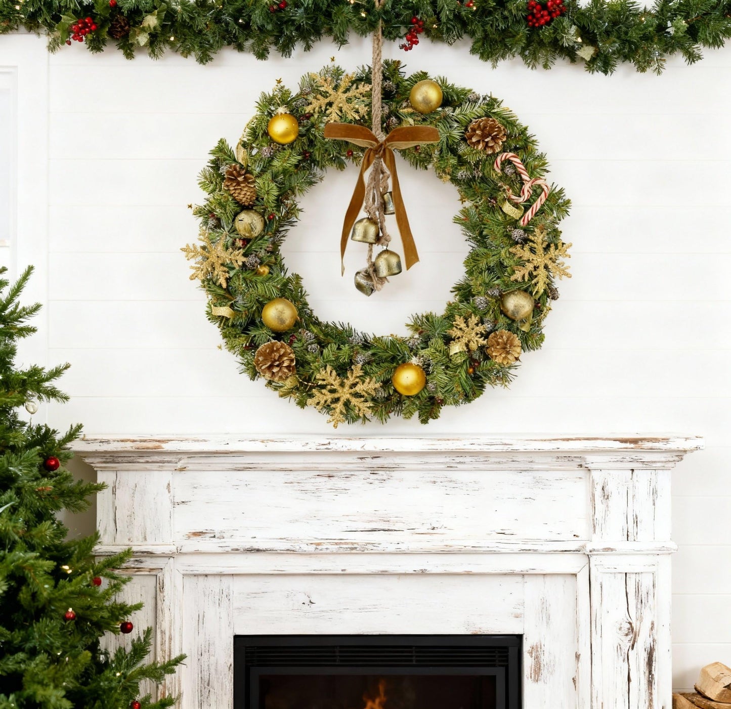 Lukmaa 2 Pcs Rustic Christmas Bells with Neutral Velvet Ribbon Bows Christmas Metal Bells Hanging Ornament Xmas Tree Wall Door Wreath Decoration for Rustic Farmhouse Holiday Decoration