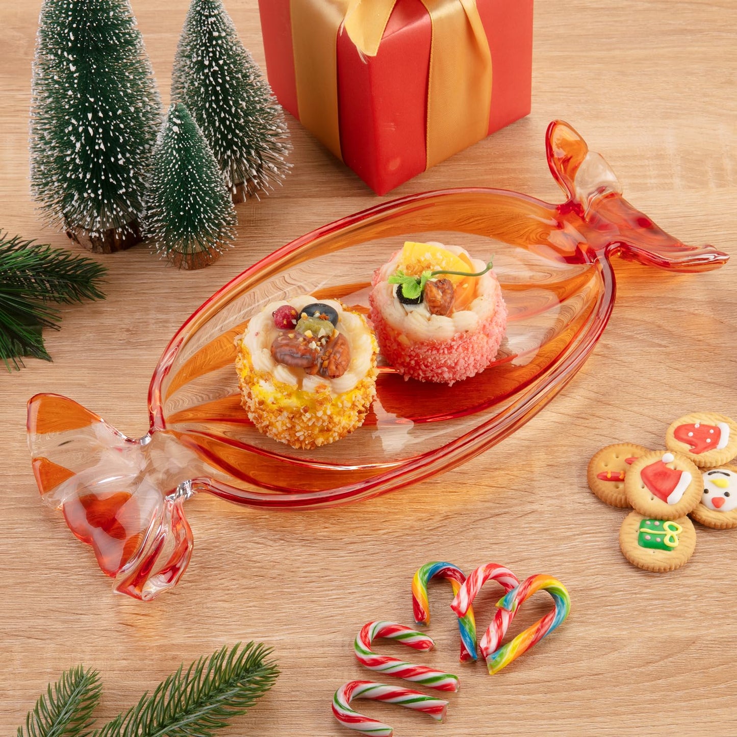 SHOWLOUE Christmas Platter Dish, Glass Candy Platter Serving Dessert Plates Christmas Dinnerware Tray Decorative Plates for Xmas Holiday Party Favor, Orange, Large