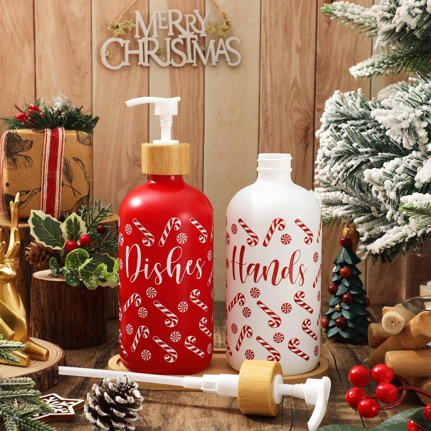 FYSUIMU 2 Pcs Christmas Soap Dispenser Glass Soap Dispenser with Pump Red Xmas Candy Cane Refillable Liquid Container for Hands Dishes Party Home Kitchen Bathroom Decor