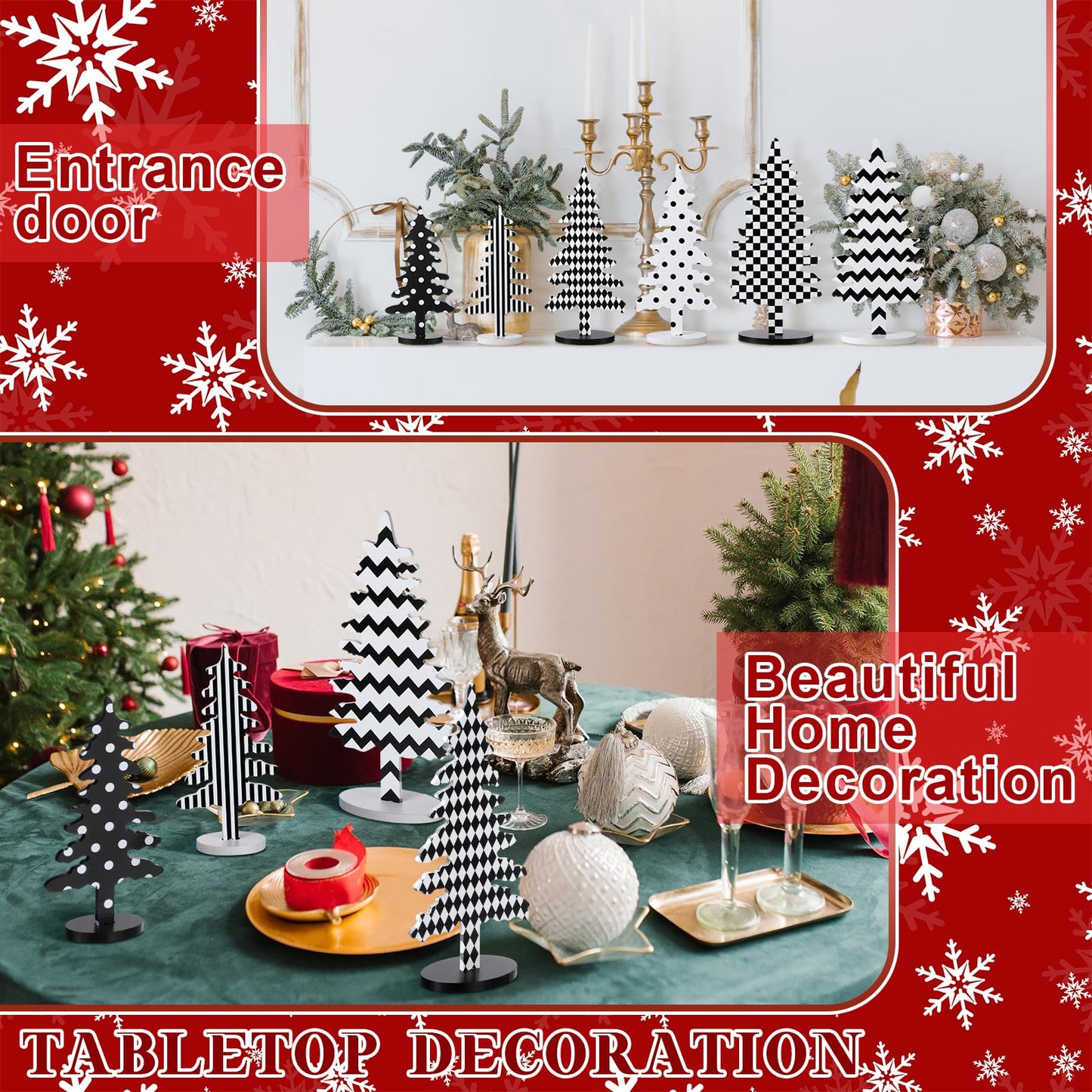 Kigley 6 Pcs Wood Christmas Tree Sign Table Decor 6" 8" 10.5" Black White Xmas Tree Tabletop Christmas Tiered Tray Centerpieces Xmas Gift for Home Mantel Shelf Office Party Windowsill Decoration