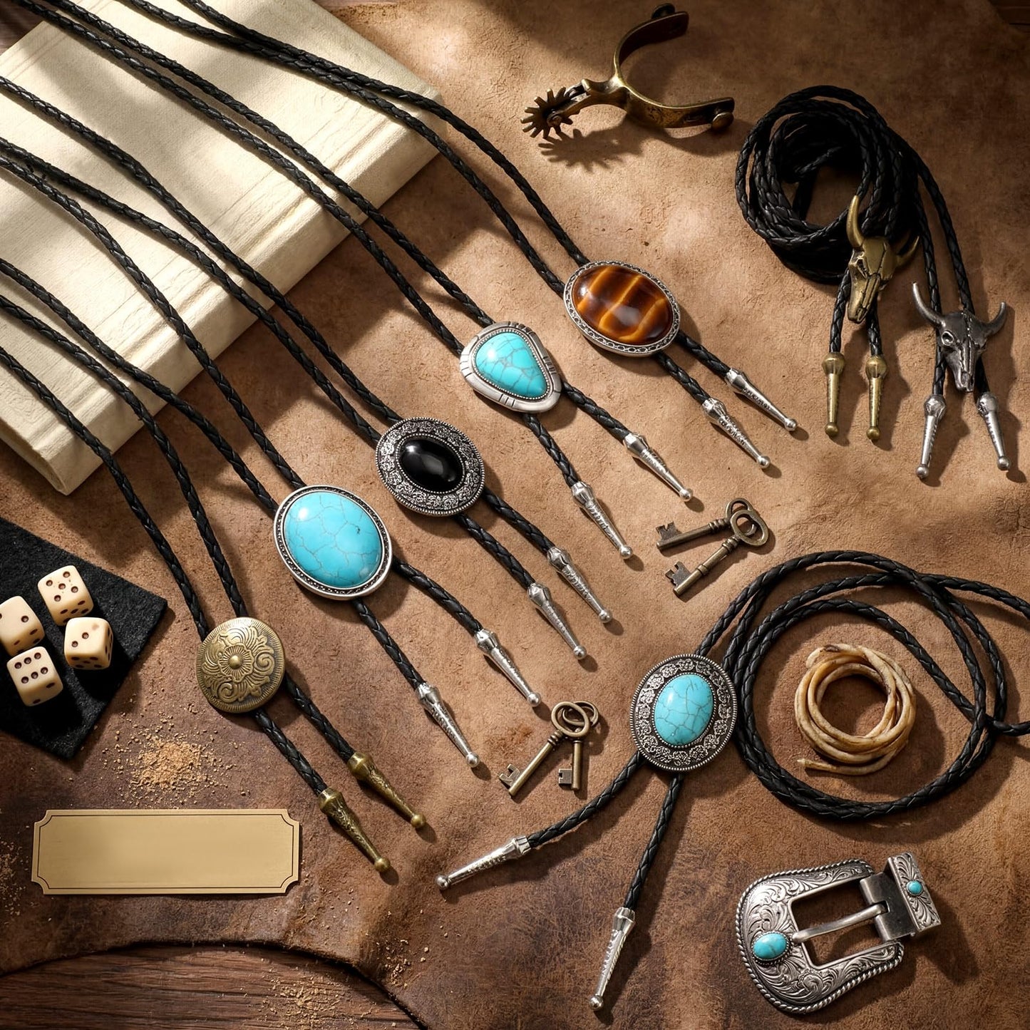 Lyrow 8 Pcs Bolo Ties for Men Women Native Western Cowboy Bola Tie Turquoise Stone Faux Leather Necktie Tie for Costume Accessories (Classic Style)