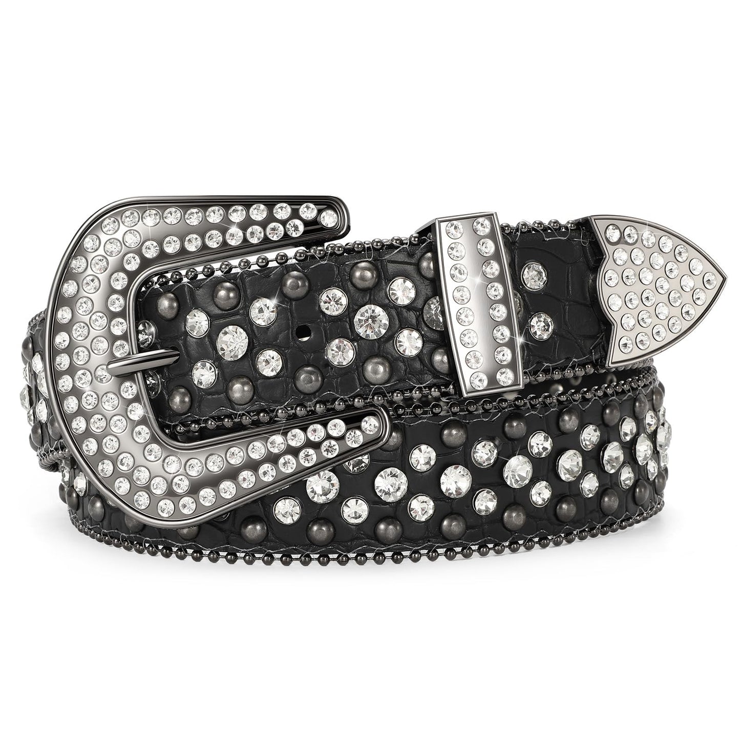 SANSTHS Women Rhinestone Belt for Jeans, Western Cowgirl Bling Studded Belt Faux Crocodile Grain Leather, Black L