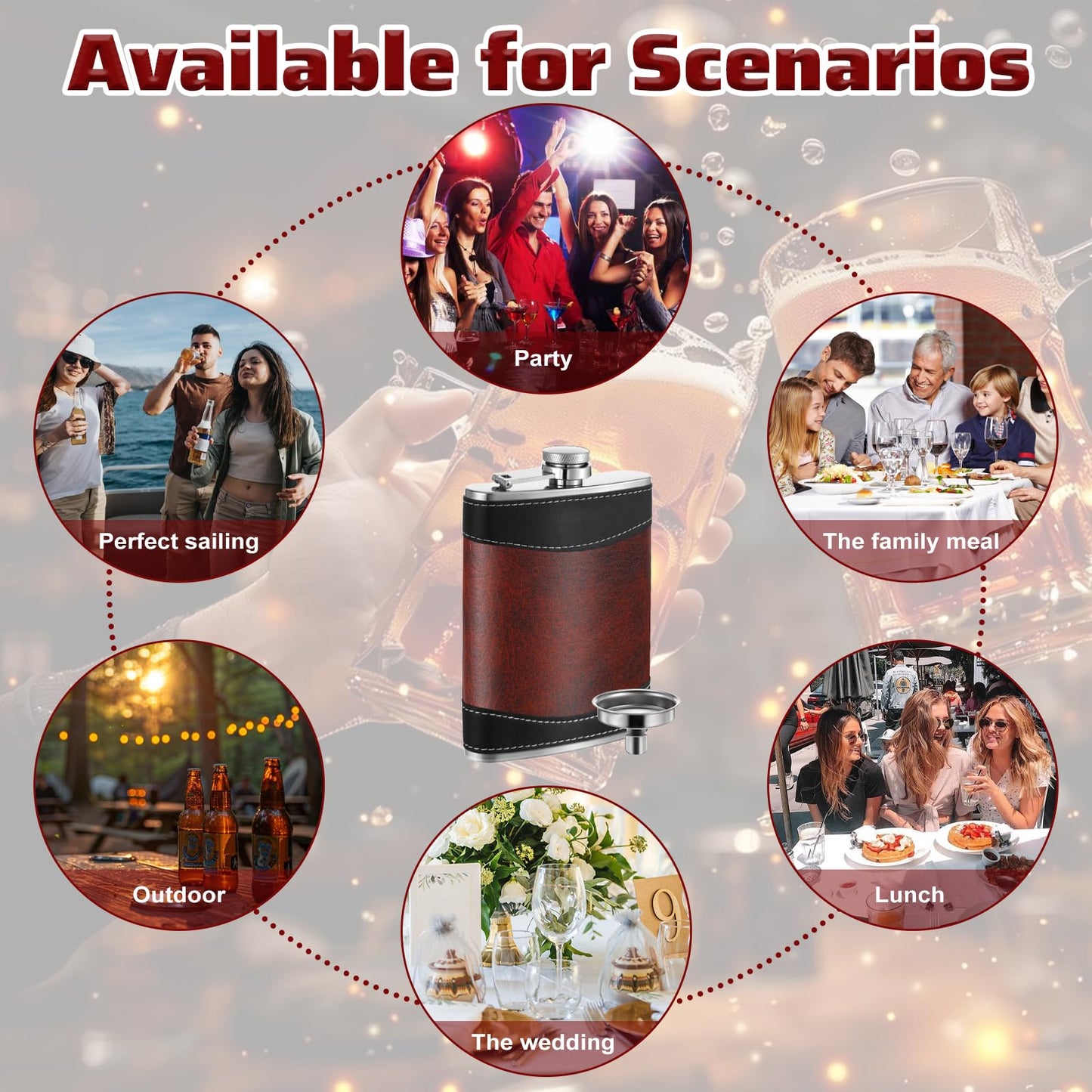 PercyEffie 6 Pcs Liquor Flask, Hip Flasks 8 oz Metal Flask with Funnel, Leak Proof Pocket Flask in Dark Brown Leather Strap Design for Men Women (3.7 x 5.5 Inches)