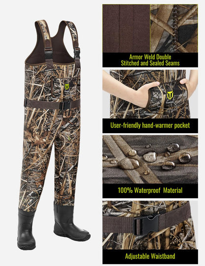 TIDEWE Chest Waders for Toddler & Children, Neoprene Waterproof Insulated Hunting & Fishing Youth Waders for Boy and Girl, Cleated Bootfoot Kids Wader, Next Camo Evos (Size 2T)