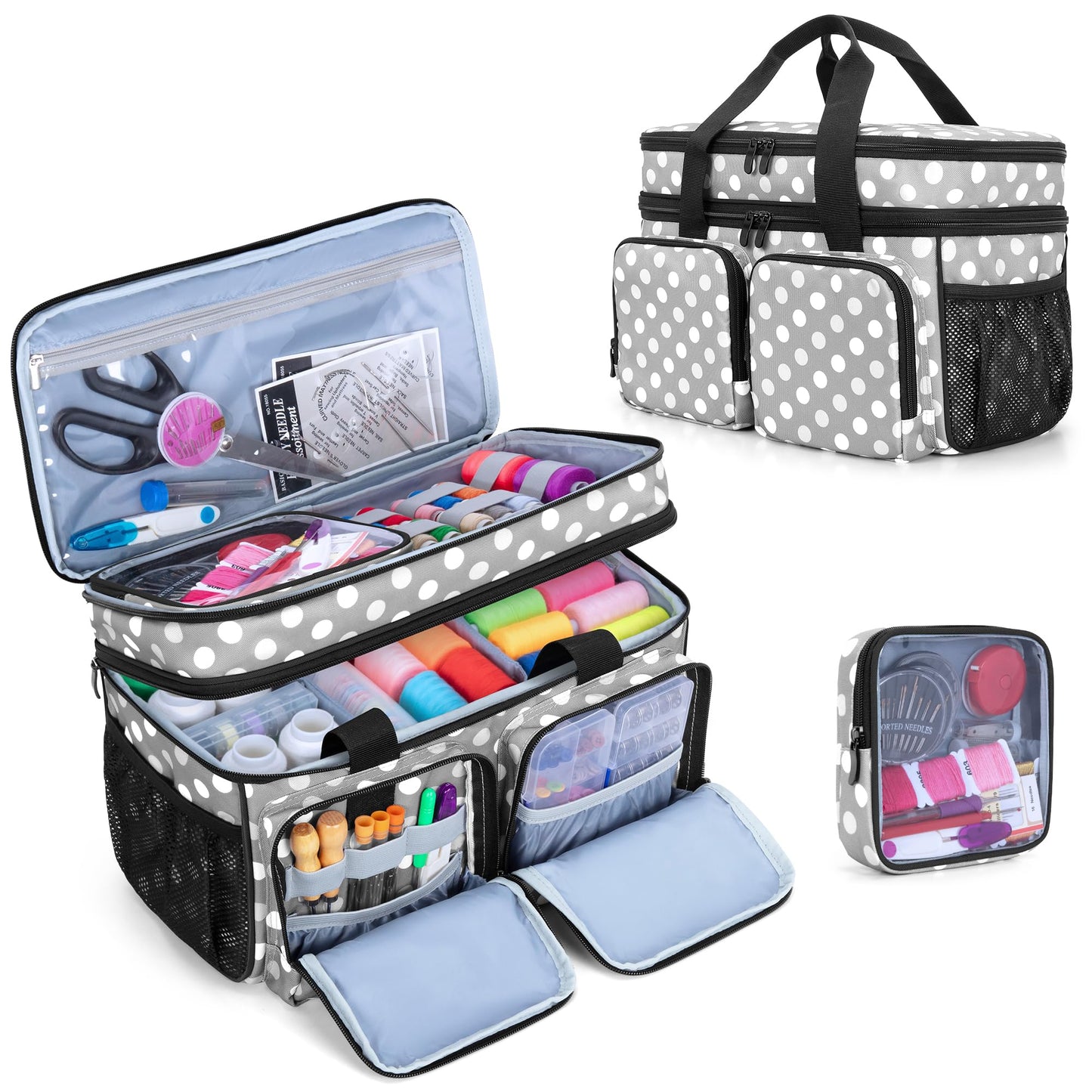 BAFASO Large Sewing Organizer Bag with an Individual Pouch and Detachable Dividers, 2 Layers Sewing Storage Bag for Sewing Supplies(Bag Only), Polka Dots