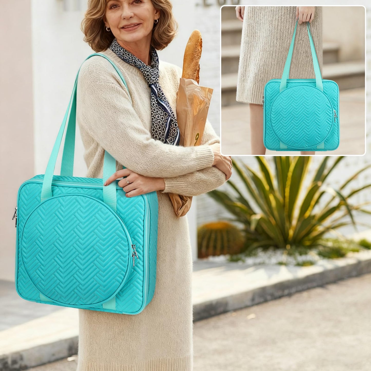 FINPAC Embroidery Bag, Cross Stitch Storage, Square Quilted Tote Organizer with Multiple Pockets for Floss, Hoops, Thread, Stitch Tools Kit [Bag Only], Teal