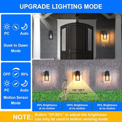Porch Light with GFCI Outlet Dusk to Dawn Motion Sensor Outdoor Light 3 Light Modes Exterior Light Fixture Waterproof Outside Wall Light for House Patio Garage