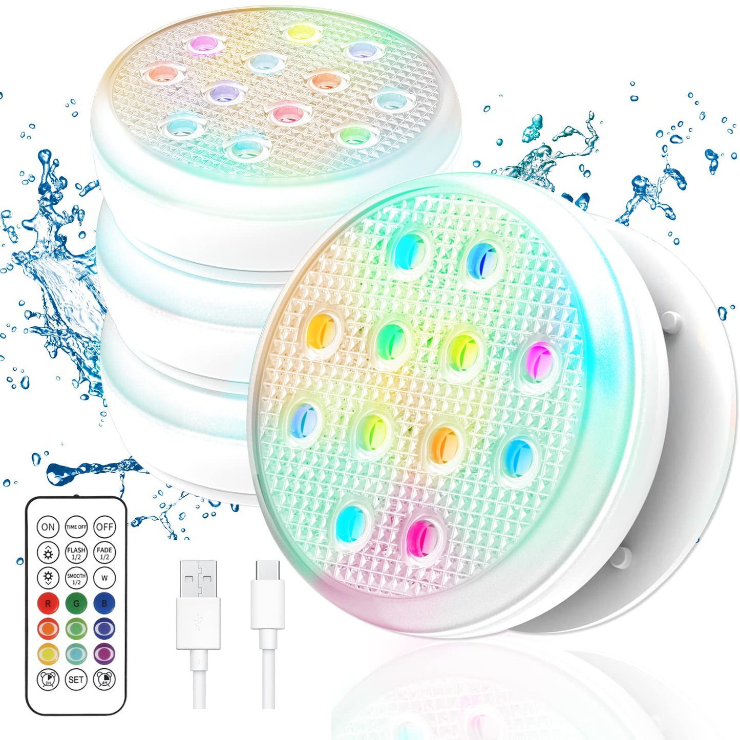 Ueyake Rechargeable Submersible Led Lights, Pool Lights with Remote, IP68 Full Waterproof Underwater Lights Built-in Magnet 16 Color Changing Floating Lights for Bathtubs, Ponds(4 Pack)