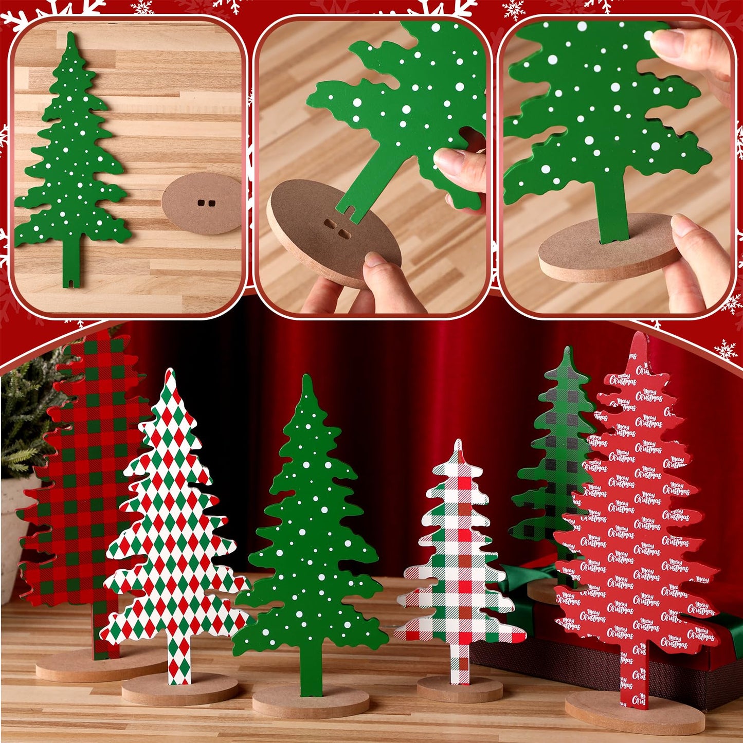 Kigley 6 Pcs Wood Christmas Tree Sign Table Decor 6" 8" 10.5'"red Green Xmas Tree Tabletop Christmas Tiered Tray Centerpieces Xmas Gift for Home Mantel Shelf Office Party Windowsill Decoration