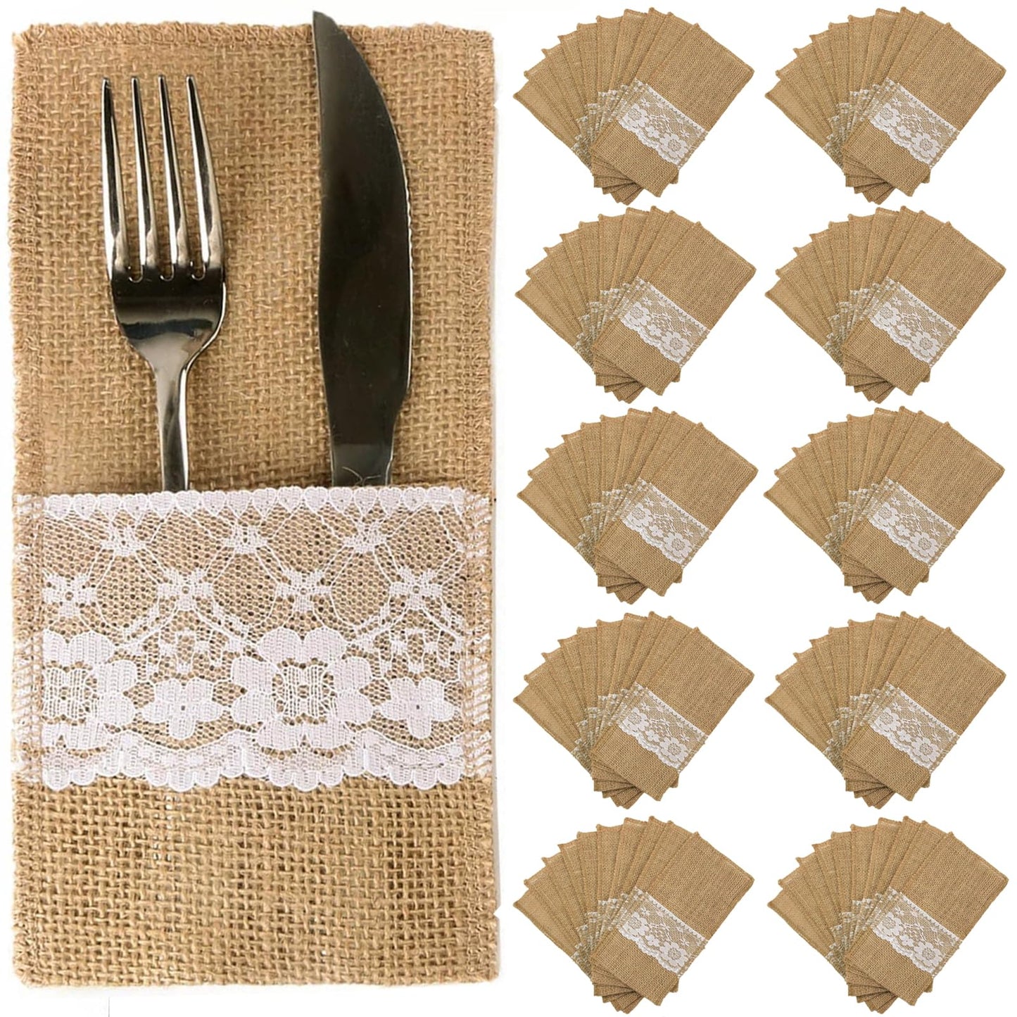 OZXCHIXU TM 100 Pack Natural Burlap Cutlery Holder Pouch Bag 4x8.5 Inch with Lace Silverware Napkin Holders Wedding Party Bridal Shower Table Setting Table Decoration