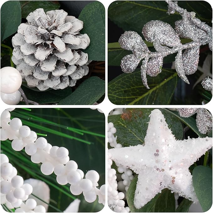 Winter Wreaths for Front Door 24 Inch Christmas & Winter Door Wreath with White Balls and Silver Berries, Festive Holiday Decor for Indoor and Outdoor, Seasonal Winter Home Decoration