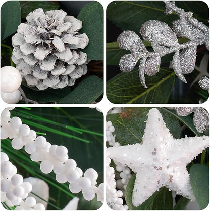 Winter Wreaths for Front Door 24 Inch Christmas & Winter Door Wreath with White Balls and Silver Berries, Festive Holiday Decor for Indoor and Outdoor, Seasonal Winter Home Decoration