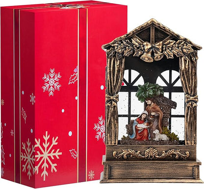 Christmas Snow Globe Swirling Glittering Holy Family Manger Scene, USB Lined/Battery Operated Lighted Water Lantern for Christmas Festival Decoration Gifts