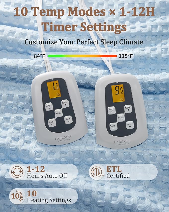 CAROMIO Heated Blanket King Size with LCD Dual Controller, Waffle Weave Fast Heating Electric Blankets, 10 Heat Levels & 1-12H Time Settings, ETL Certified, Machine Washable, Light Blue, 100" x 90"