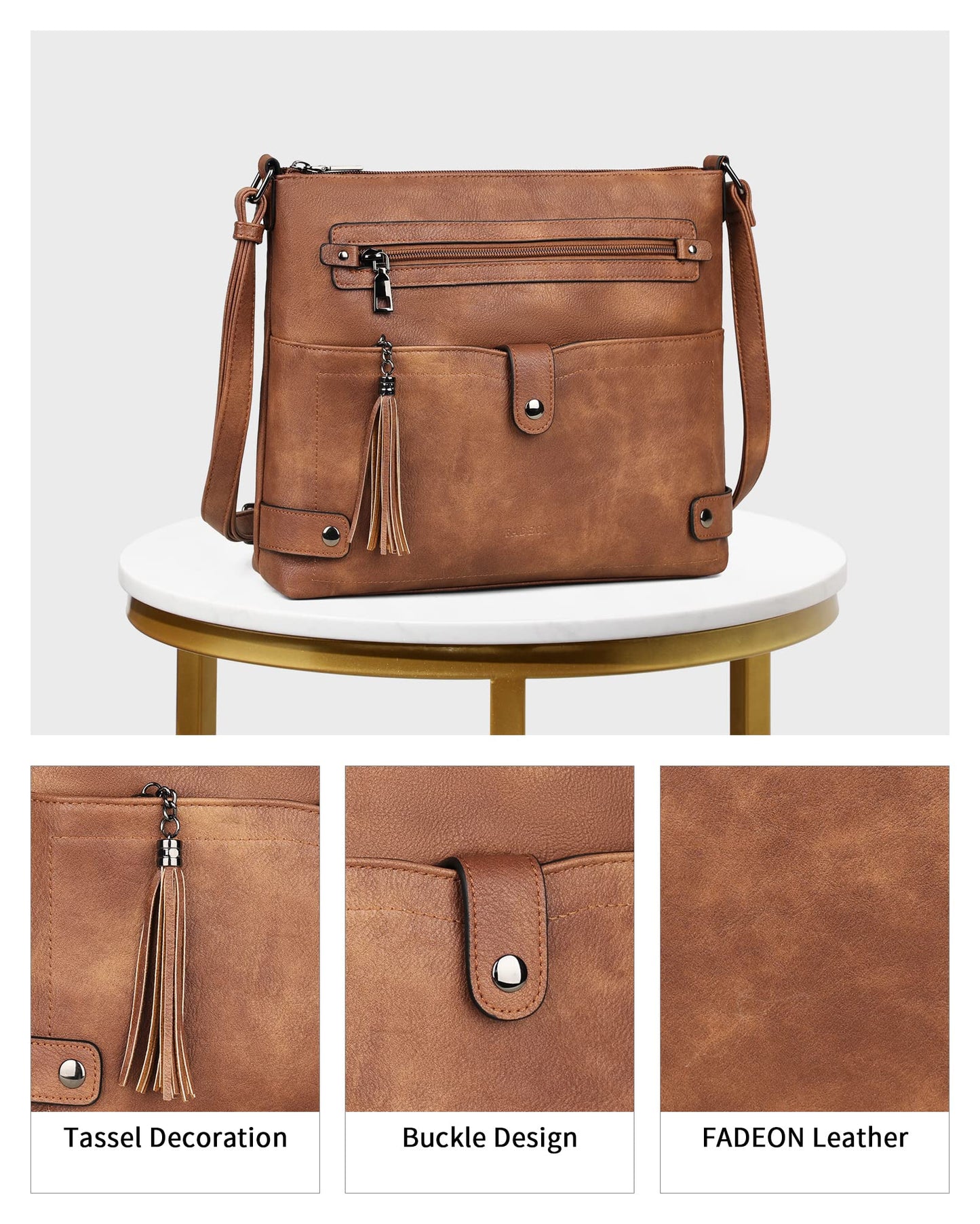 FADEON Large Crossbody Bags Purses for Women Crossbody Bag, Designer Faux Leather Cross Body Purse Multi Pocket Shoulder Bag Brown