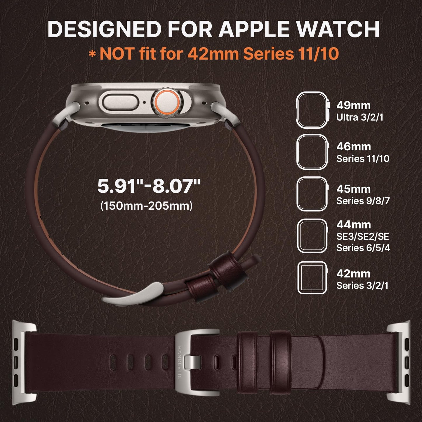 Bandletic Genuine Leather Bands Compatible with Apple Watch Ultra 3 Band for Men Women, Soft Replacement Strap for iWatch 49mm(Ultra 3/2/1),46mm(11/10),45mm(9/8/7),44mm(SE3/SE2/SE/6/5/4),42mm(3/2/1)
