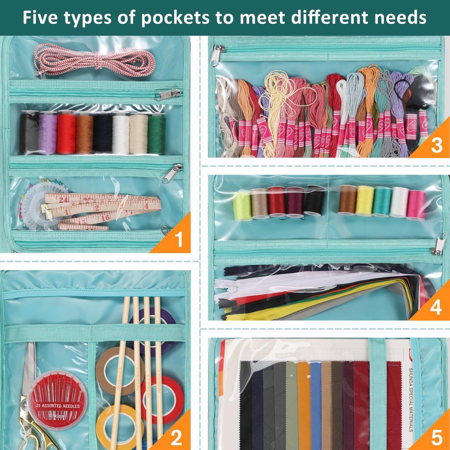 FINPAC Sewing and Craft Supplies Storage Tote, Large Capacity Travel Packing Organizer Bag with Clear Pockets and Handle for Knitting, Crochet, Art, Sewing Accessories (Spring Bloom)