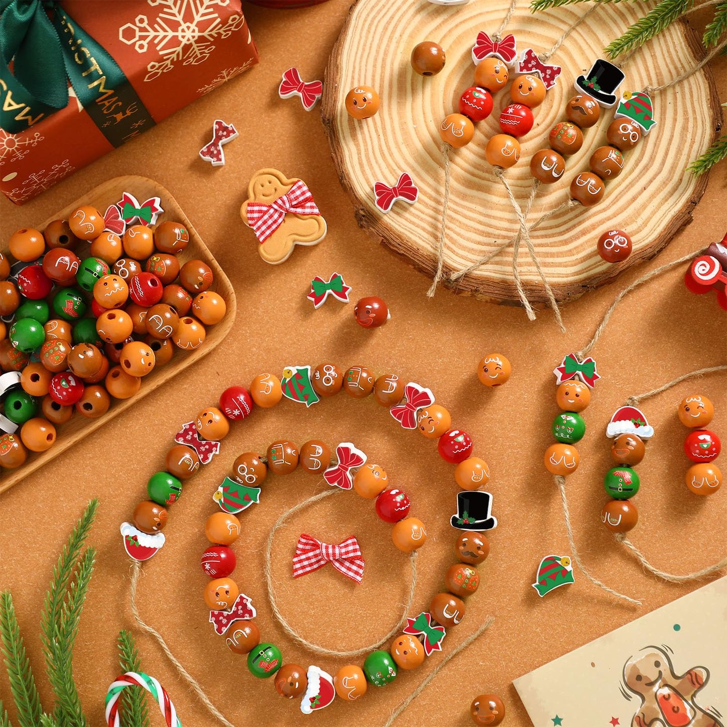 Cinnvoice 240 Pcs Winter Wood Beads with Twine Snowman Gingerbread Man Nutcracker Wooden Bead Garland DIY Crafts Round Beads for Holiday Party Farmhouse Home(Gingerbread Man)