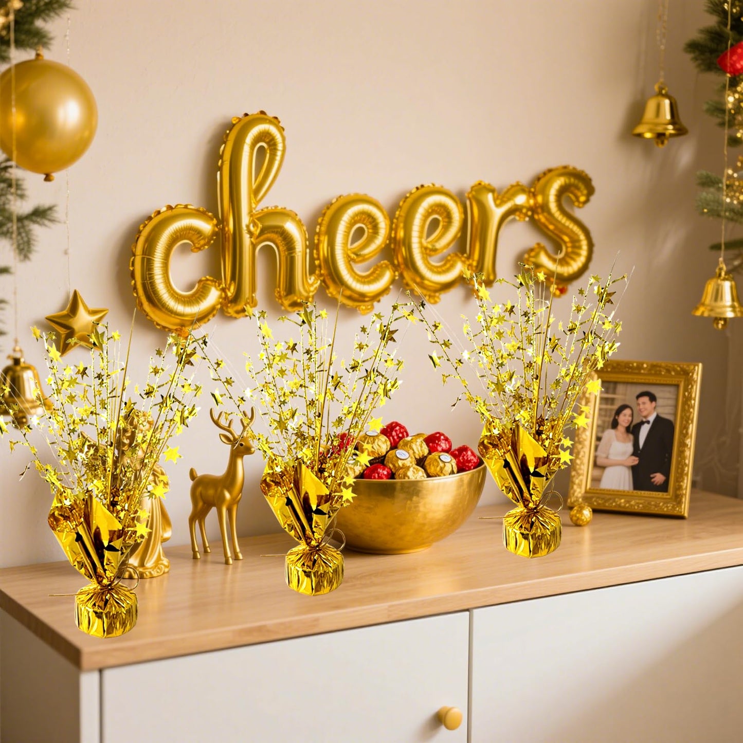 YinNorth 12 Pcs Metallic Foil Spray Centerpiece Party Star Table Decoration Brust Glitter Table Topper Decor for Birthday Graduation Holiday Christmas Dining Celebration New Year Party Supplies, Gold