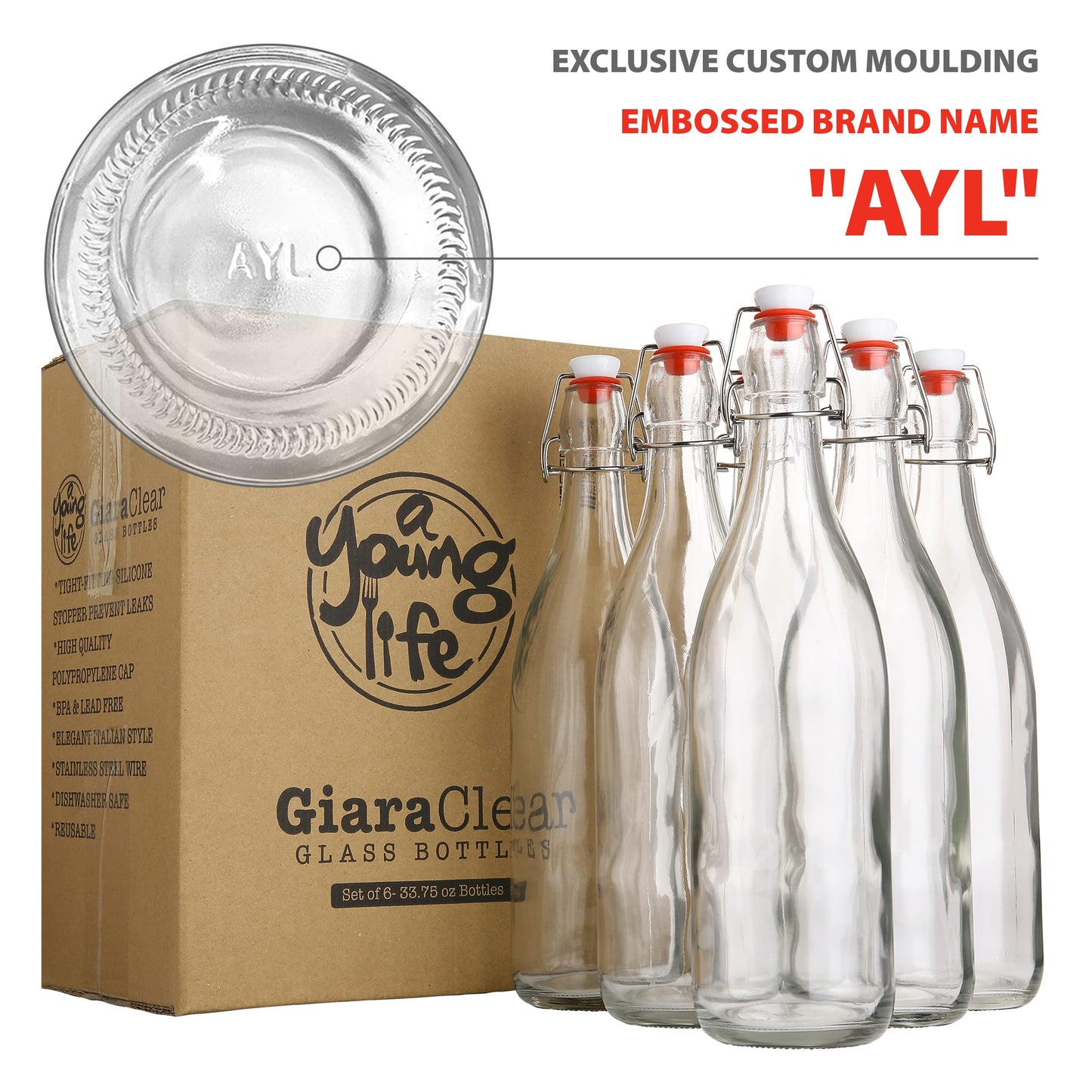 Flip Top Glass Bottle [1 Liter / 33 fl. oz.] [Pack of 6] – Swing Brewing with Stopper for Beverages, Oil, Vinegar, Kombucha, Beer, Water, Soda, Kefir Airtight Lid & Leak Proof Cap Clear